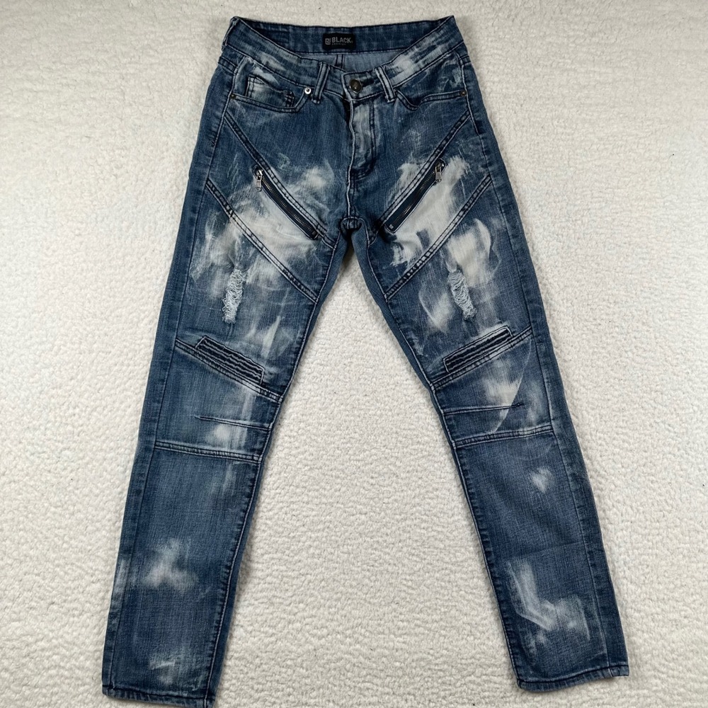 BKE Black Premium Skinnyflex Jeans Mens Moto Distressed Acid Wash 28x30 Blue